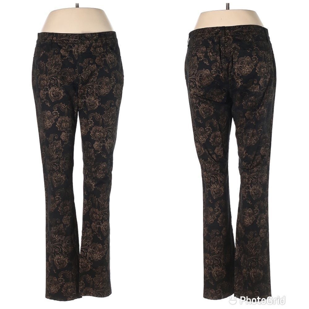 RALPH LAUREN Floral Print Sateen Pant Tapered Slim Leg Cotton Black Gold Size 8